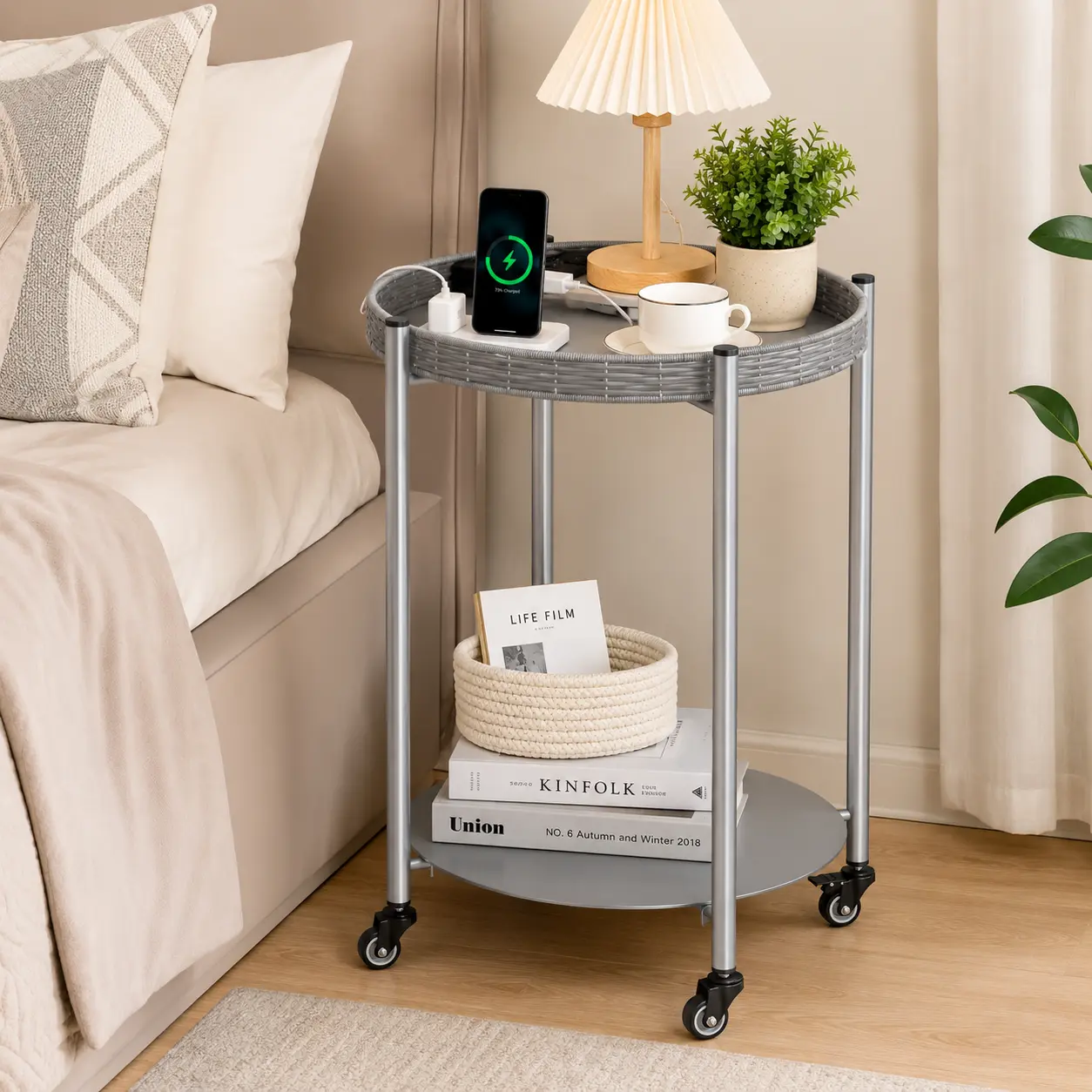 Rolling 2-Tier Side Table with Storage Shelf & Lockable Wheels, Modern Round End Table for Bedroom, Living Room & Small Spaces