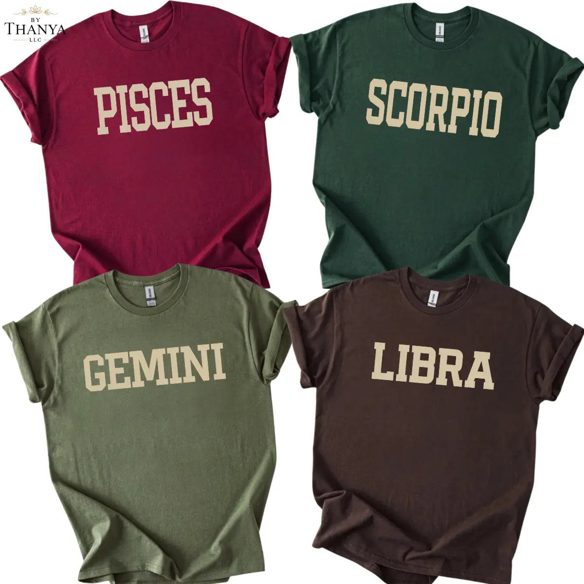 Full 12 Zodiac T-Shirt College Letter Horoscope Graphic Tee – Vintage Minimalist Text Design, Astrology Birthday Gift, Clean Aesthetic Casual Style for Men and Women, Best Friend Gift.