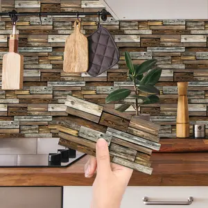 12 PCS Alien Light Brown Wood Grain Wall Sticker Self-Adhesive Wall Decals For Room Decor - Oil-Proof Durable, Easy To Clean, Peel Off Peel And Stick Wallpaper For Kitchen Bathroom