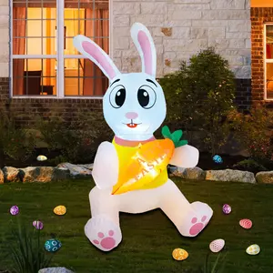 4.76FT Easter Inflatable White Bunny Hold Carrot Lighted Happy Easter Yard Lawn Decoration with Built-in Fan and Stakes Ropes Outdoor Yard Lawn Garden Decorations