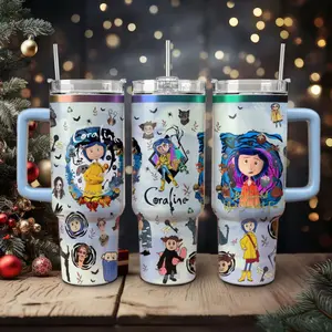 Coraline Inspired Tumbler 40oz 20oz With Handle, Spooky Cartoon Aesthetic Cup, Custom Name Gift for Horror Animation Fans