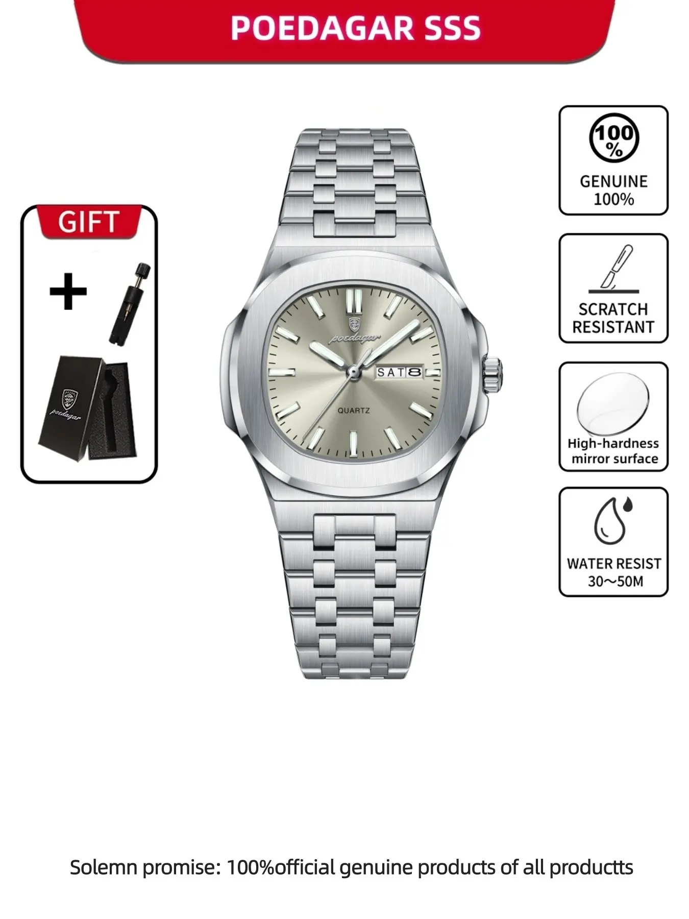 POEDAGAR Rectangular Design Women's Watch Night Light Date Waterproof Stainless Steel Watch Women's Versatile Quartz Watch Modern Fashionable Wristwatch