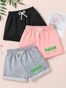 Big Girls 3-Pack Casual Sweat Shorts, Elastic Waist with Cute Bow Drawstring, Bold "NANA" Letter Print Rolled Hem Shorts in Black/Pink/Gray, Summer Loungewear & Activewear for Kids Aged 8-14