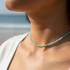 Natural Faceted Amazonite 2mm Beaded Choker Blue Gemstone Necklace Healing Crystal Minimalist Summer Jewelry Gift