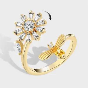Daisy Flower Bee Anxiety Fidget Spinner Ring in 925 Silver woman birthday