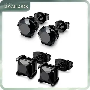 LOYALLOOK 2Pairs Hypoallergenic Black Stud Earrings for Men Women 316L Stainless Steel Square Round CZ Mens Earrings Studs Jewelry Set for Sensitive Ears 3-8MM Black Silver