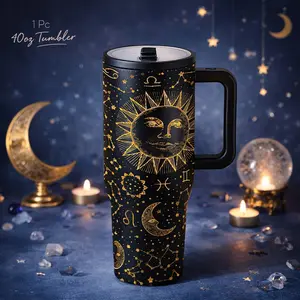 1 Pc 40oz insulated mug, zodiac sun moon stars design, stainless steel vacuum mug, double wall thermal cup, leakproof lid, Leakproof Tumbler, large capacity tumbler for hot cold drinks, gift for women men, office car gym travel use astrology style