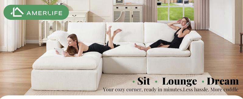 【Ships in multiple Boxes】AMERLIFE 130 inch Cloud Couch Sectional, No-Assembly Modular Sectional Sofa with 83.5 inch Deep Chaise, Oversize Cloud Couch for Living Room