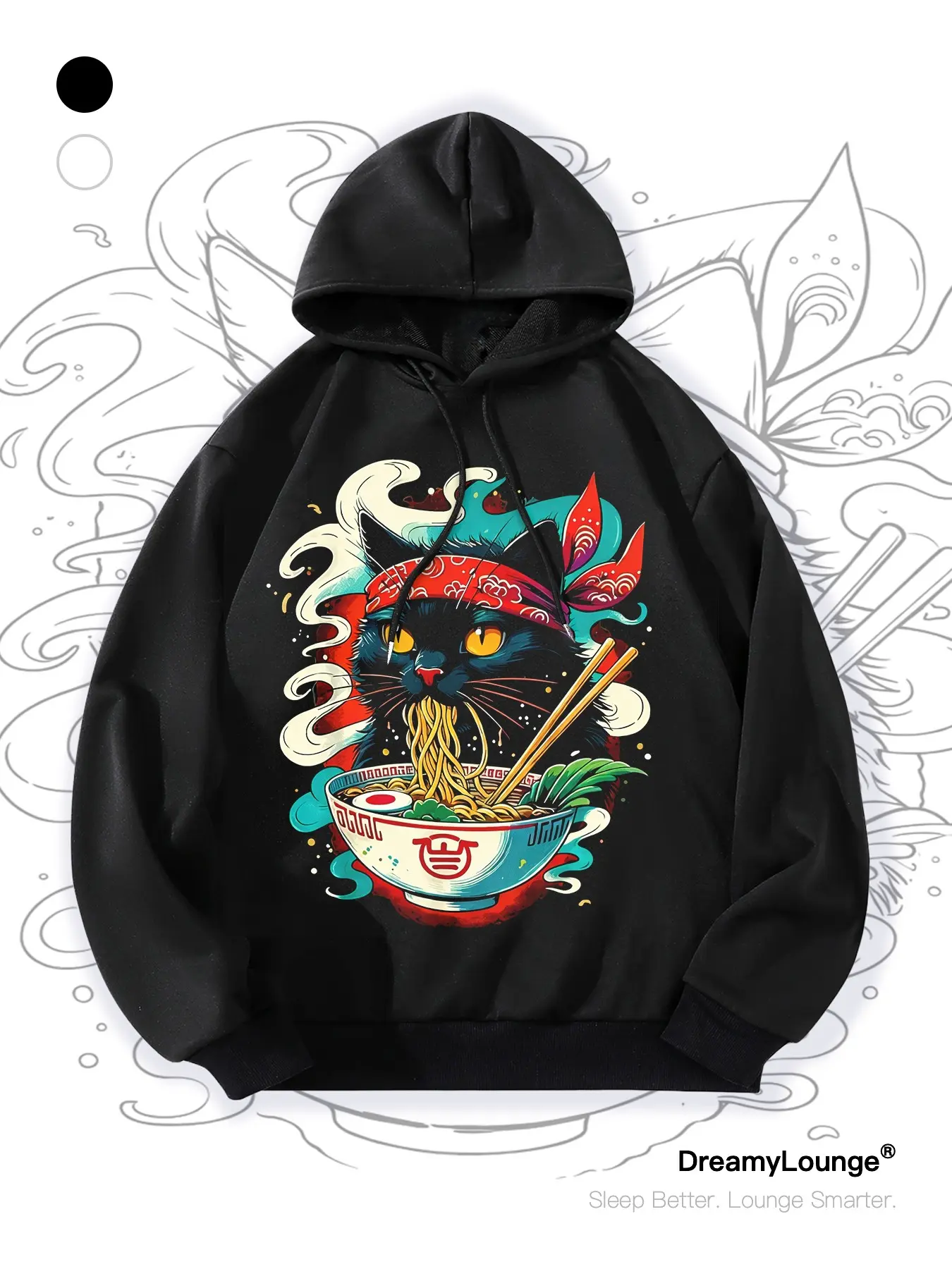 Ukiyo-E Style Cat Eating Ramen Graphic Hoodie, Loose-Fit Casual Sweatshirt, Breathable Outdoor Wear, Daily Home &