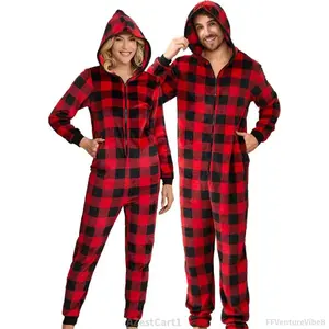 Couple Lightweight Fleece Onesie Pajamas, Hooded Printed Zipper Pjs Set for Women & Men Christmas Sleepwear WarmAZestCart1 FFVentureVibe8