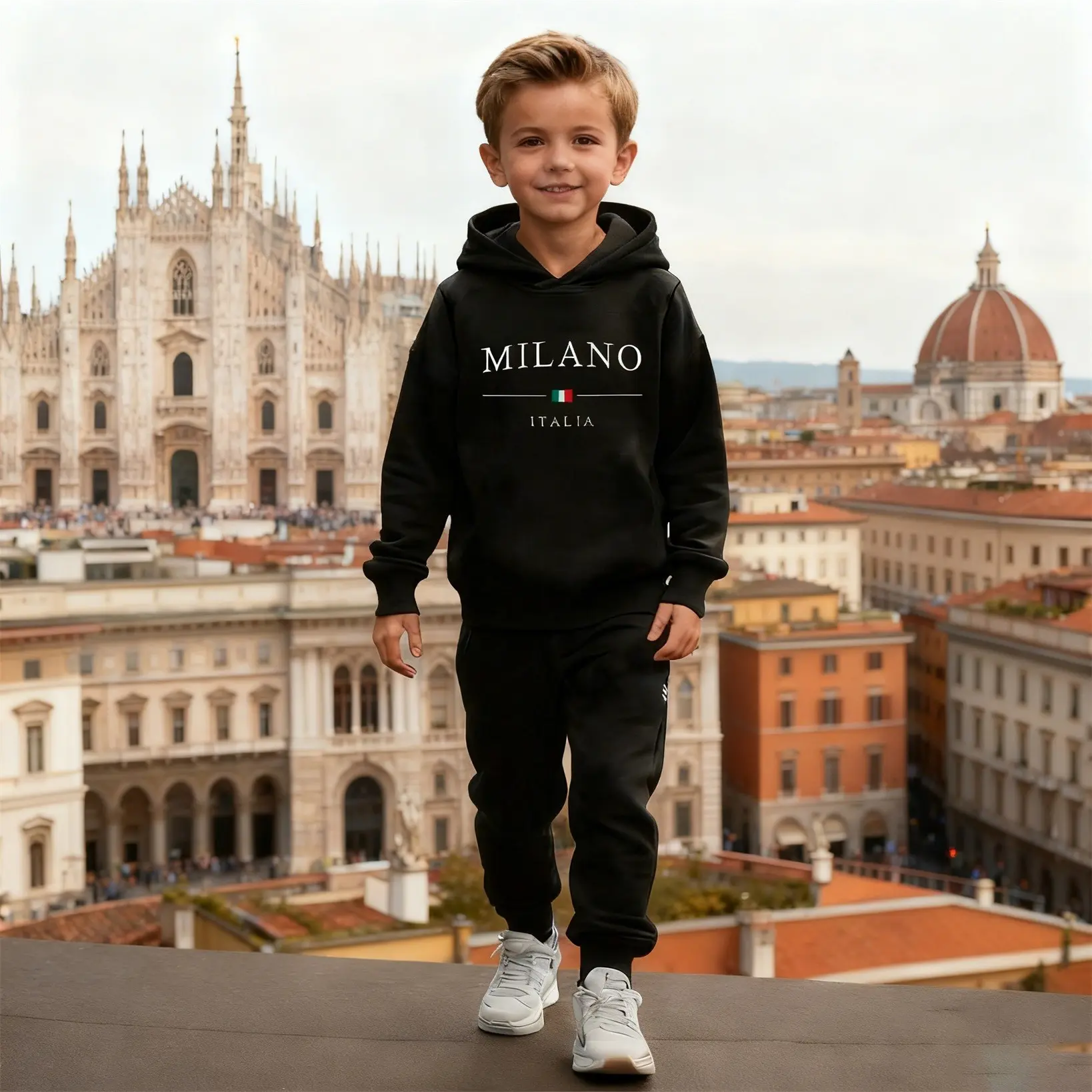 Unisex Children's Milan Print Hooded Tracksuit, Fleece-Lined Sweatshirt And Jogging Pants, Suitable For Casual Indoor And Outdoor Wear In Autumn And Winter.