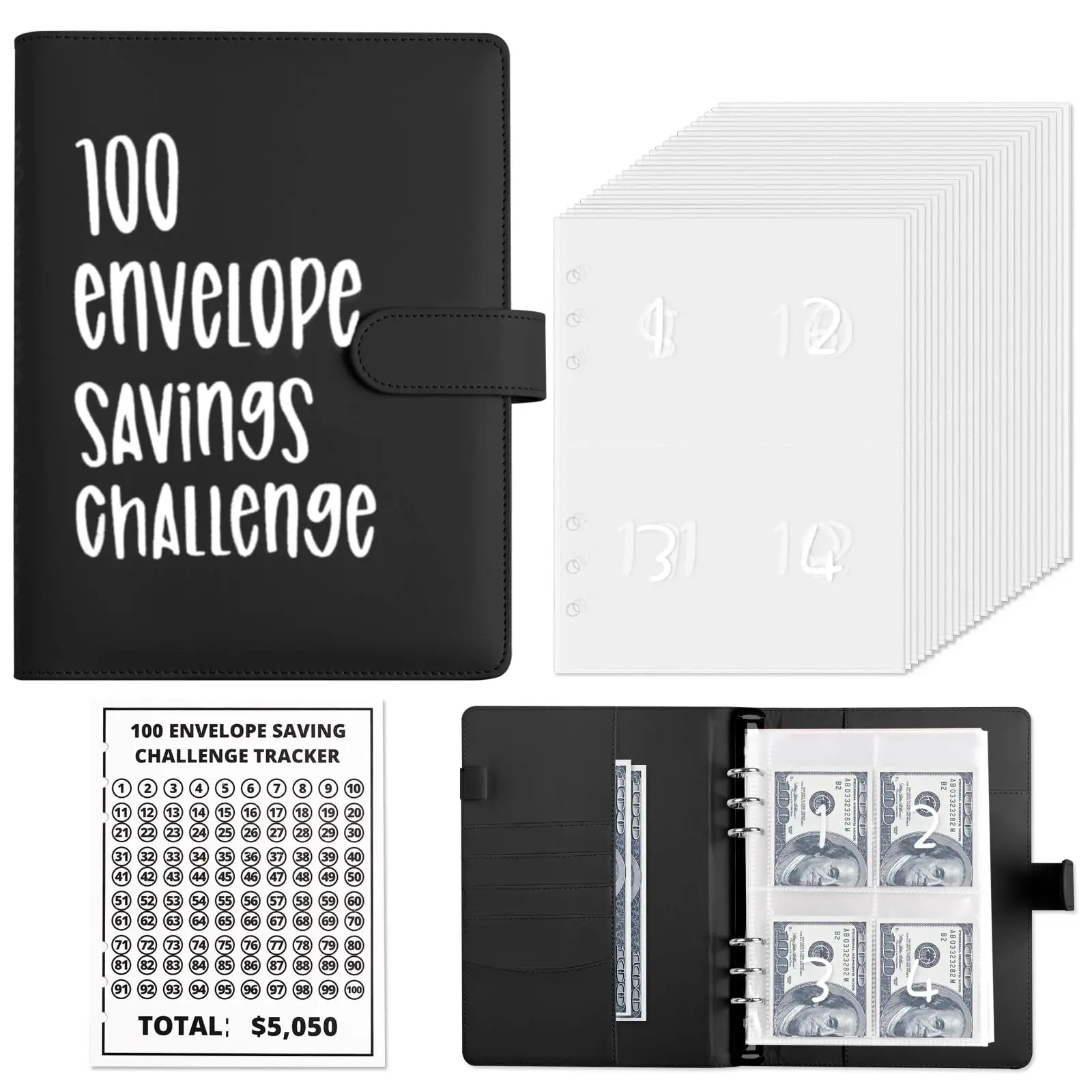 100 Envelope Challenge Binder - Easy & Fun Way to Save $5,050 with Cash Wallet Digital Sticker, Lightweight Design - Convenient Finances Savings Finan