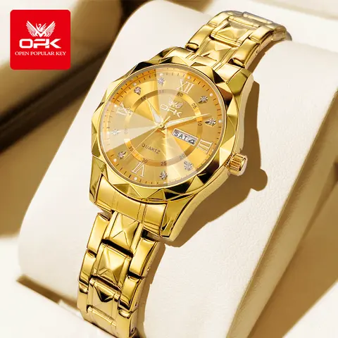 OPK Women's Elegant Round Dial Fashionable Watch - 30mm Dark Gold Metal Quartz, Stainless Steel, <30M Waterproof, Luminous, Diamond-Accented Analog Buckle Bracelet, Hardlex Glass, 61g, 12-Month Warranty, Gift-Boxed Birthday Gift for Parties (Model 6023)