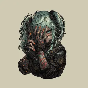 Mint Hair Tactical Girl Sticker,  Anime Sniper Pose, Full Irezumi Tattoos, High Detail Art