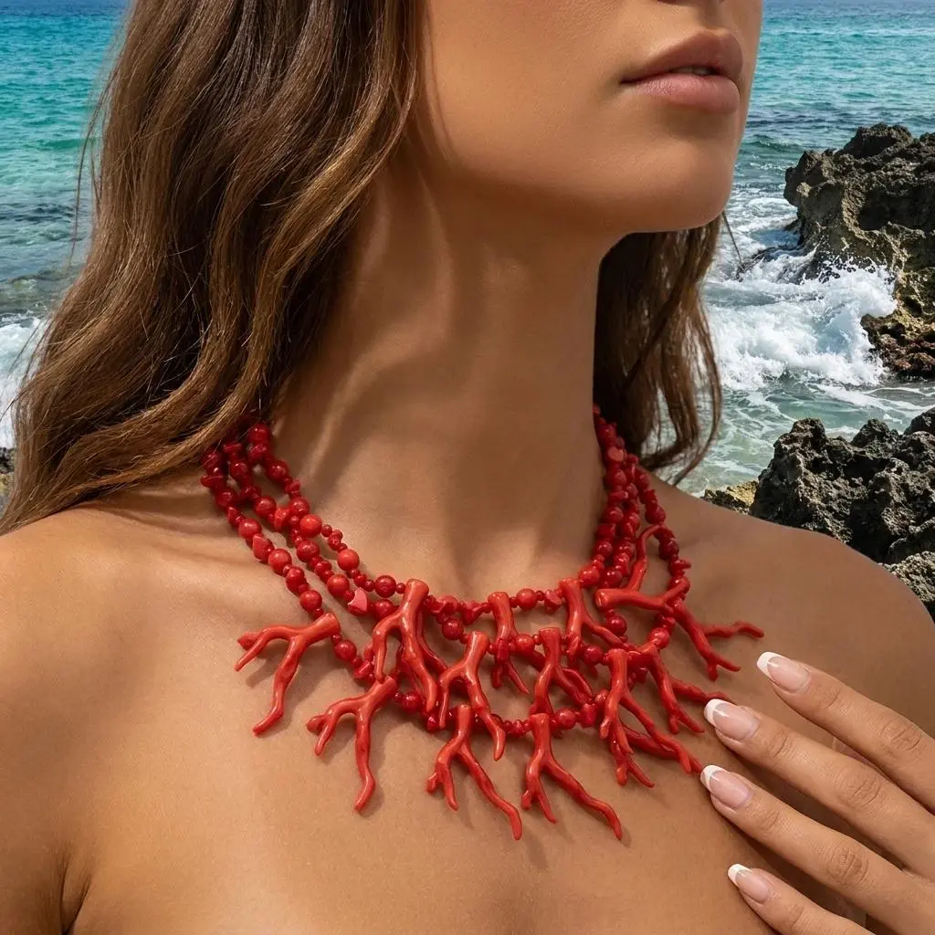 Women's Exaggerated Red Coral Multi-Layer Beaded Choker Necklace, Bohemian Irregular Stone Chain, Colorful Fashion Statement Necklaces for Vacation, Party Jewelry Gift, Colorful Statement Necklaces