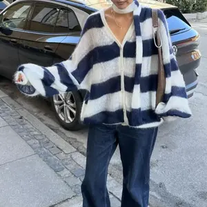 Women’s Striped Knit Cardigan V-Neck Long Sleeve Front-Button Closure Sweater with Scarf