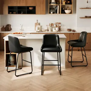 Garvee Counter Height Bar Stools Set of 3, PU Leather Barstools with Back and Footrest, Modern Industrial Metal Frame Armless Bar Chairs for Kitchen Island, Counter, Black