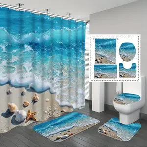 Complete Bathroom Set with Sea Wave Shell Print Shower Curtain Sets, Includes 12 Hooks, Non-Slip Bath Mat, U-Shaped Floor Mat, Toilet Lid Cover
