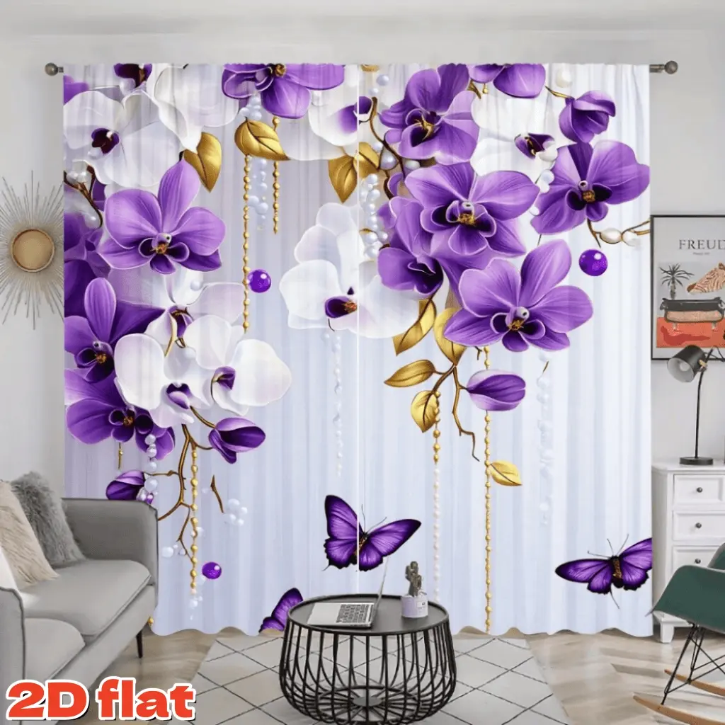 2D Flat 2Pcs Purple White Orchid Flower Curtain Panel, Golden Beads String Printed, Rod Pocket Style, Semi Sunshade Polyester Fiber, Suitable for Home Living Room Bedroom Balcony Kitchen Study and Shower Window Decoration, Valentine's Day Gift