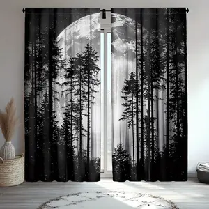 2-Piece set, creepy gothic forest curtains, featuring black trees and starry sky mist patterns, translucent rod pockets, perfect for bedroom or living room home decor.