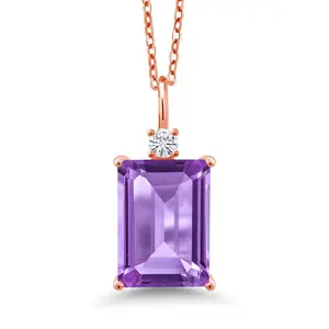 Gem Stone King Gemstone Birthstone and Moissanite Pendant Necklace for Women | 18K Rose Gold Plated Silver | Emerald Cut 14X10MM and Round 3MM | With 18 Inch Chain