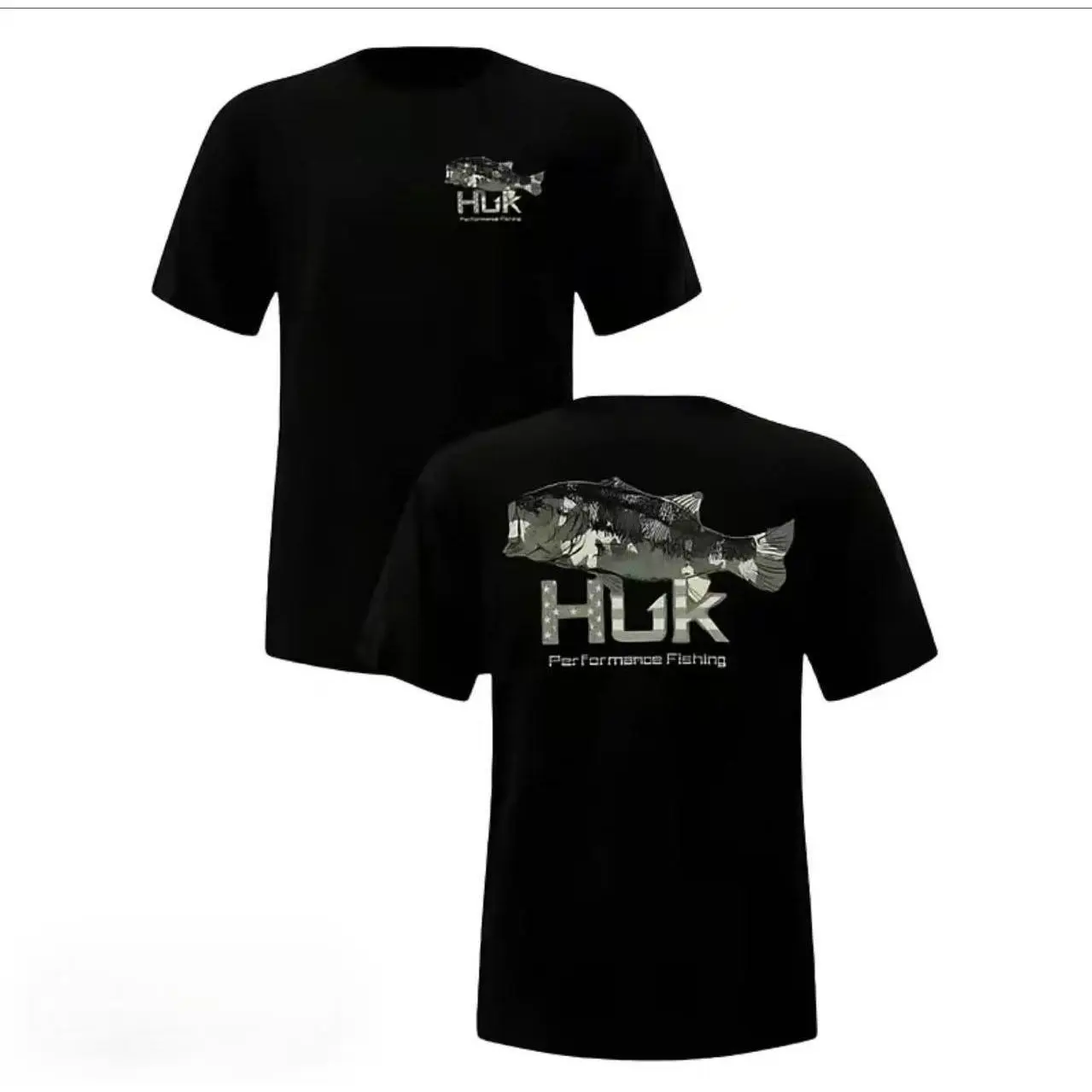 Men's Short-Sleeve Round Neck HUK Graphic T-Shirt - Camo Bass Fish Print, Soft Fabric Menswear, Casual Fishing Top for Sports & Outdoor Activities