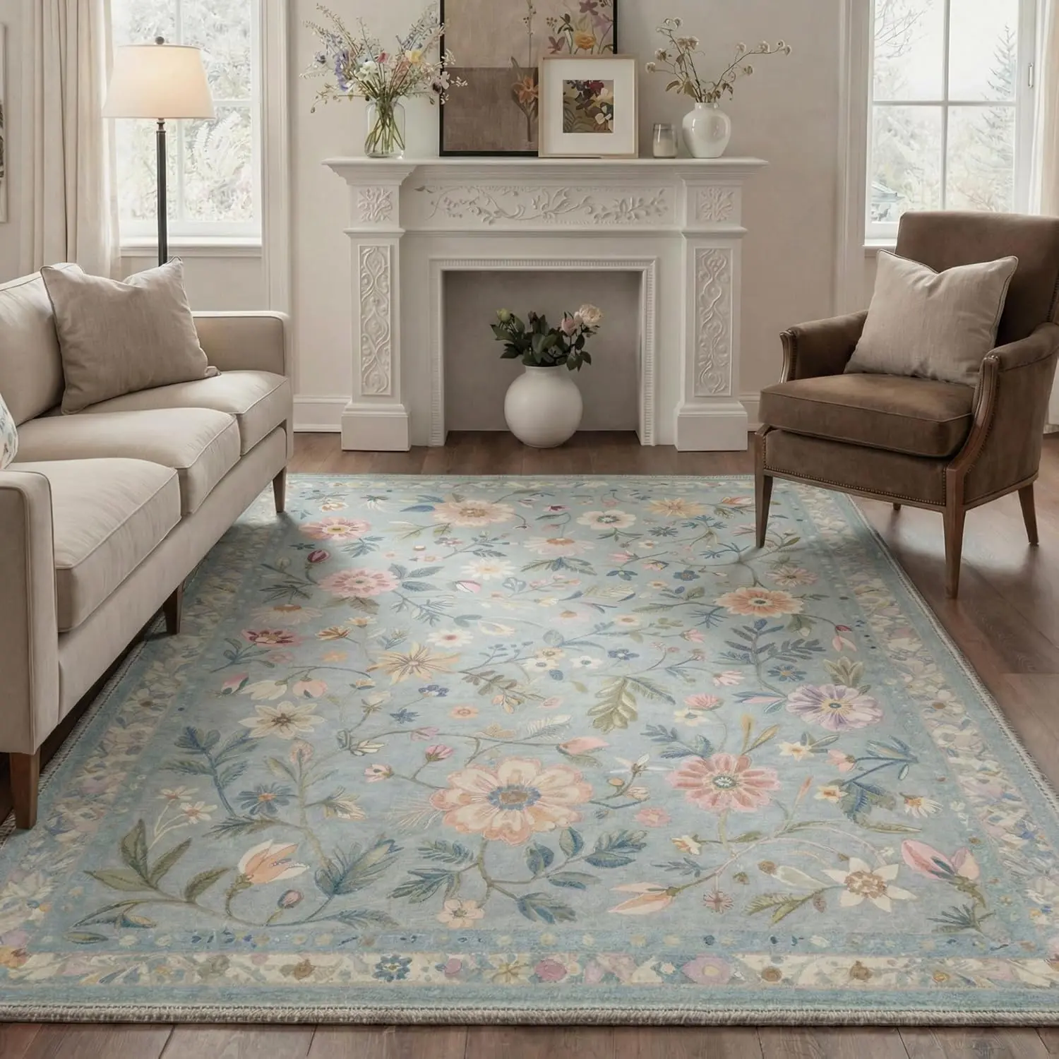 【Deals For You Days】GENIMO Washable Rugs for Living Room Non Slip Low Pile Lightweight Vintage Floral Print Area Rugs for Bedroom Dining Room Home Office Misty Blue