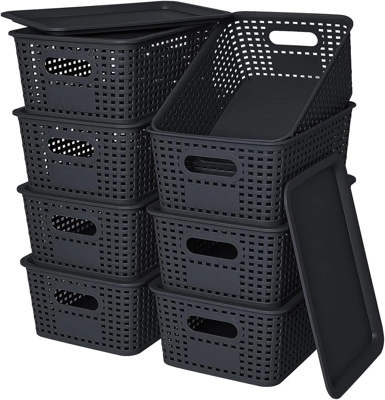 8Pack Black Plastic Stackable Storage Baskets with Lid for Organizing Shelves Drawers Desktop Closet Playroom Classroom Office 10.2x7.2x4.1Inch