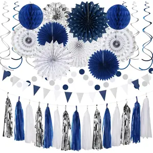 Hugtmr 33pcs Unisex Navy-Blue White-Silver Graduation Party Decorations Kit - Banner, Streamers, Tassel Garland, Tissue Pom Poms, Honeycomb Balls, Paper Lantern Fans for Backdrop Decor