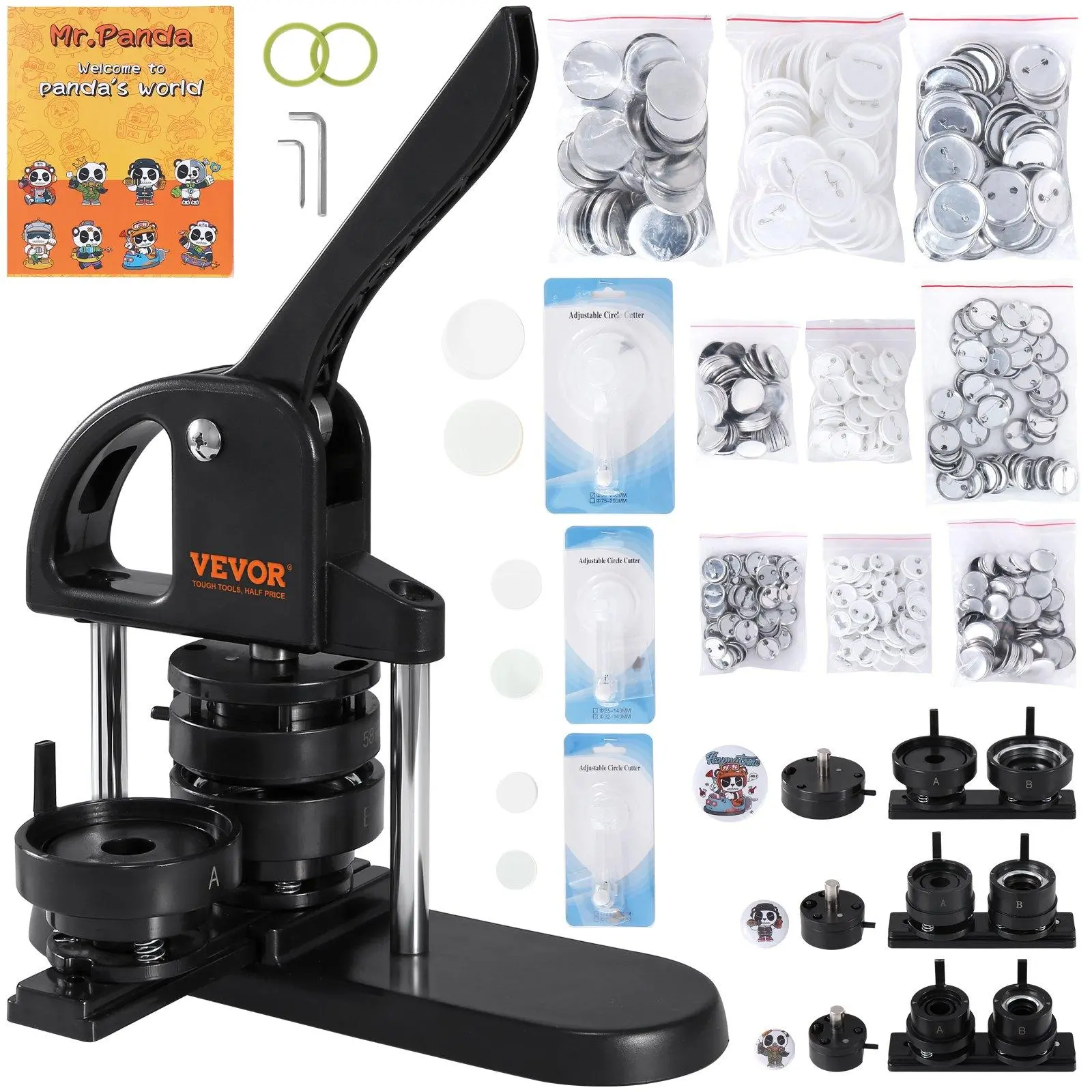 【Summerfinds】Multifunction Custom Button Maker Machine - 3 In 1 Badge Pin Maker for Handmade Crafts Making, 25/32/58mm Sizes, 300 Free Parts Press Kit, Black and White, Children's DIY Gift