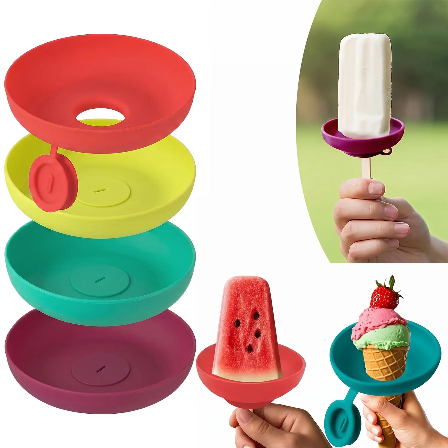 4pcs Silicone Universal Popsicle Holder Stand Set - Kitchenware, Leak-Proof Cone Support with Drip Guard, Reusable Washable Ice Pop Mold Tray, BPA Free, Dishwasher-Safe, for Outdoor Fun, Camping, Bright Colors for Family Fun, Kitchen Utensil Birthday Gift