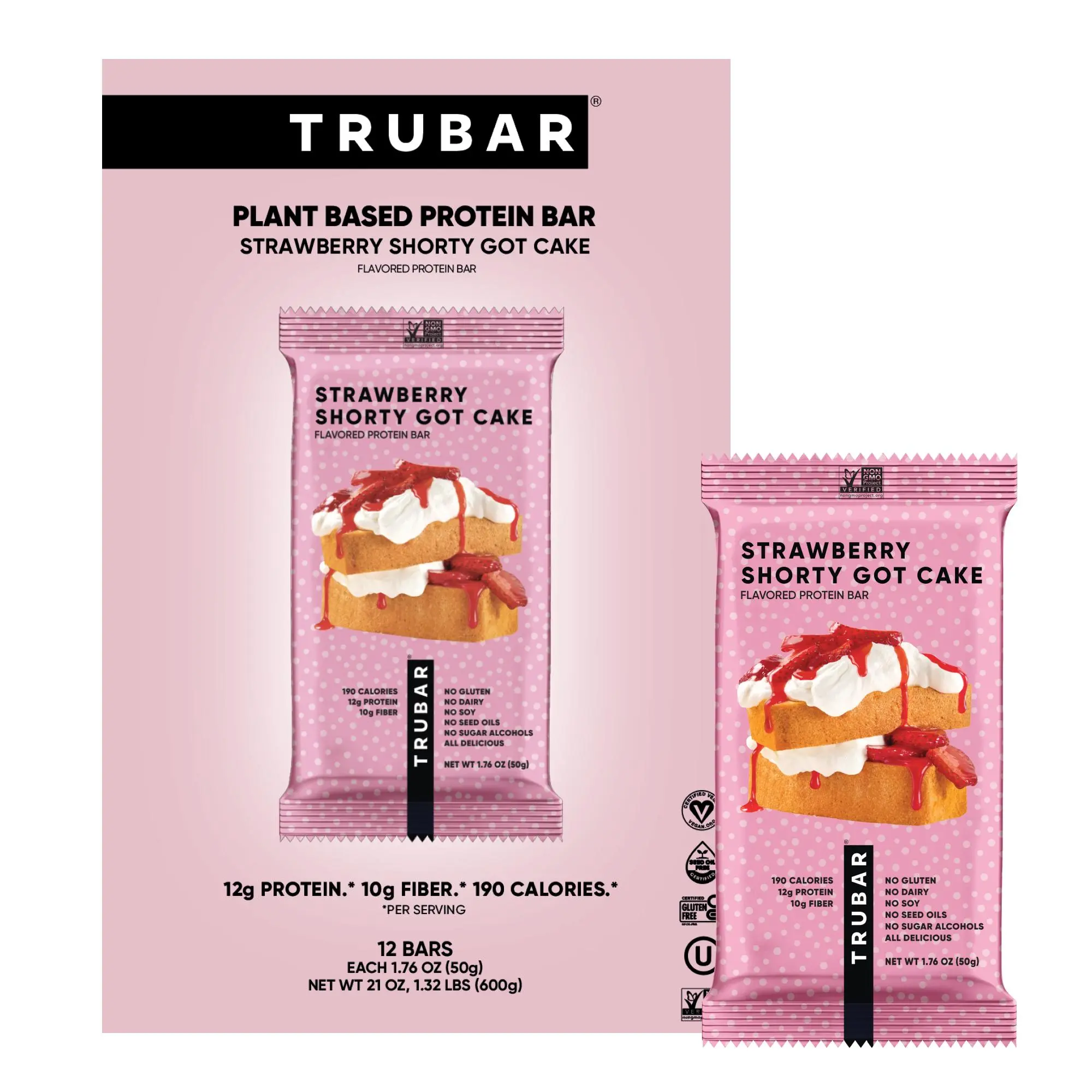 TRUBAR Vegan Protein Bar, Strawberry Shorty Got Cake, Gluten Free, Plant Based Protein, Dairy Free, Non GMO, Soy Free, No Sugar Alcohols, 12 CT Protein Snack Bar Healthy Protein Snack