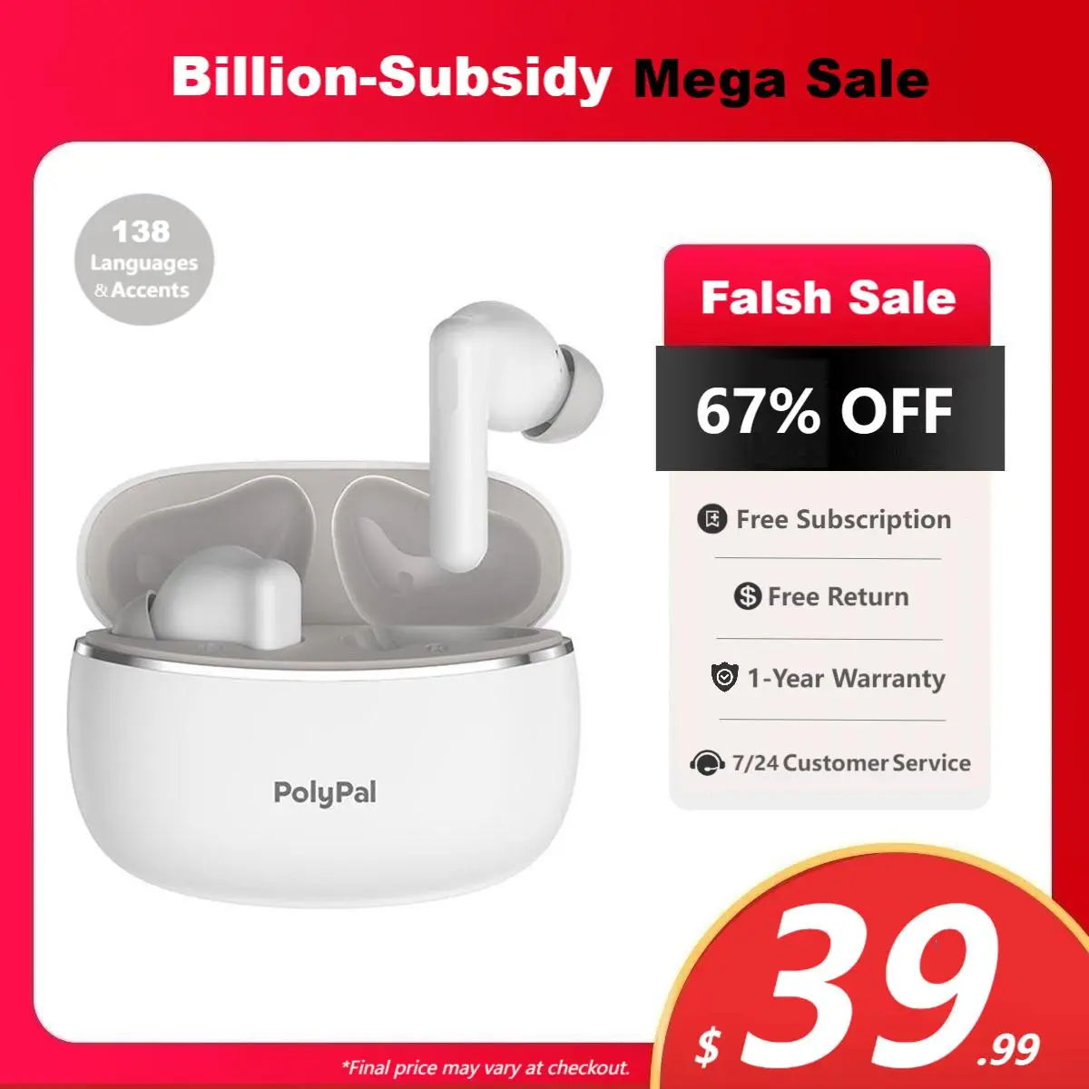 PolyPal TransLord, P1 7-in-1 AI Real Time Translator Earbuds, 138 Languages and Accents, Language Learning, Immigration, Travel, International Meeting