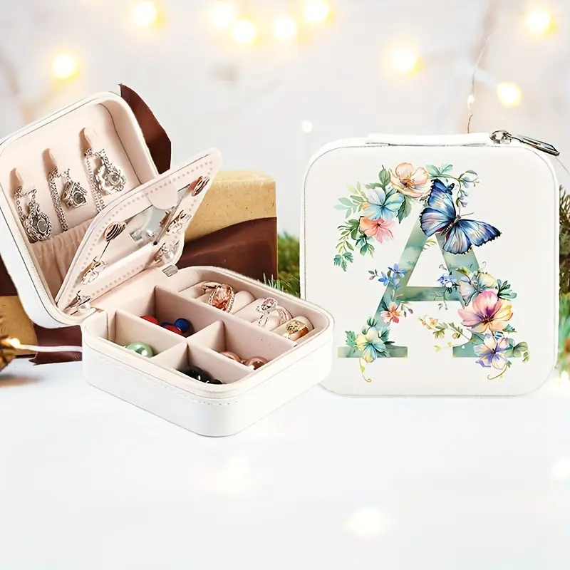 Personalized Alphabet Faux Leather Jewelry Organizer Box, Modern Style Flip Top Jewelry Roll with Brushed Finish, Faux Suede Lined Travel Case, with Necklace Storage and Zipper Closure for Tabletop Display