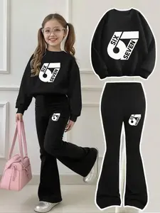 Girls' Casual Fitted Letter Print Sweater Set, & Cartoon Design, Breathable Comfort for All Seasons, Trendy, Fashion Clothes Set