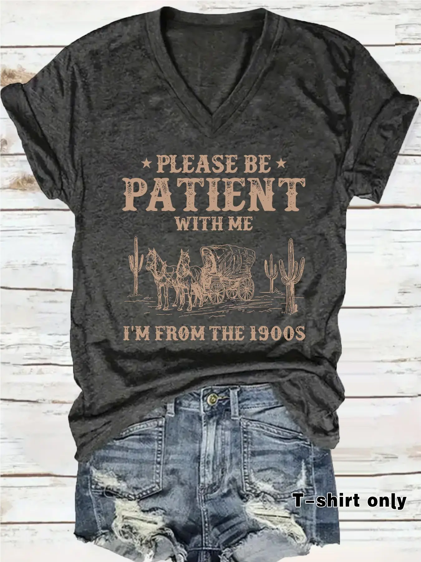 Western Style Streetwear Car and Cactus Print Short Sleeve T-Shirt, Casual V-Neck Baggy Women's Top, Comfortable, Breathable and Lightweight Summer Wear