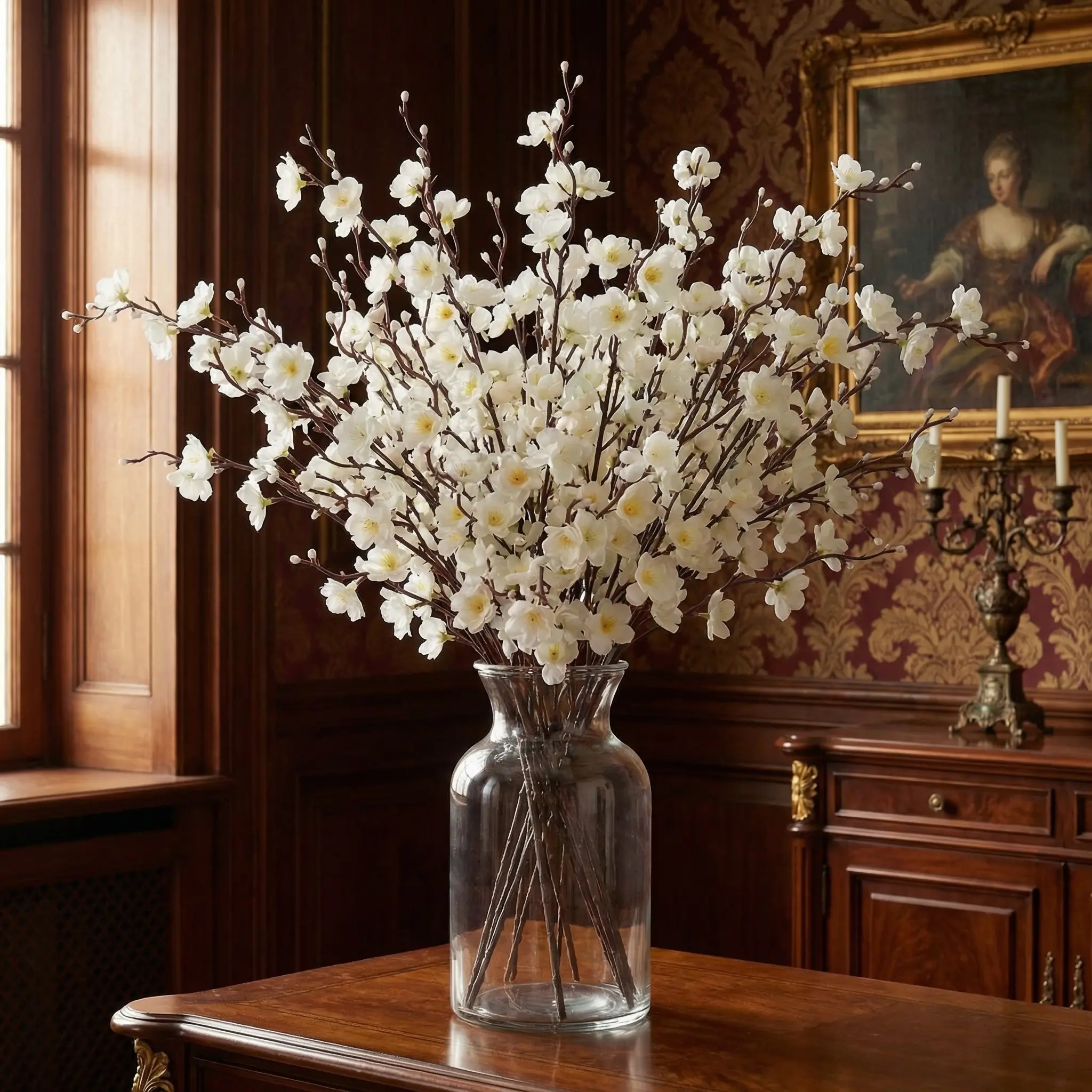 12/24 Pcs Elegant Silk-Plastic White Plum Blossoms, 21.5in Long-Stem Wintersweet with Real Branches, Decorative Flower Arrangement Floral Decor for Home Tabletops, Home Decor, Steam-Iron Reshape, Holiday Gift Ready (Vase Not Included)