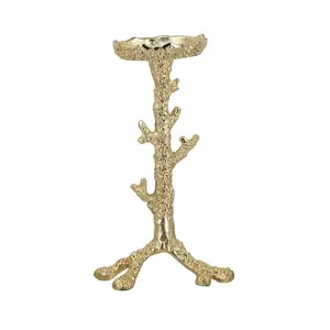 Candle Holder – Set of 2 Gold Aluminum Pillar Candle Holders with Coral Branch Design, Hurricane Glass Cylinder Candle Holders for Living Room Dining Table, Modern Coastal Decor for Entryway Mantel