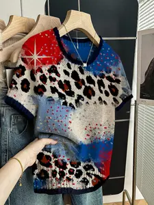 Women's Artistic Aesthetic Blue Colorblock Leopard Print Knit Sweater, Round Neck Short Sleeve, Casual Breathable Knitwear Top for Spring Summer Fall