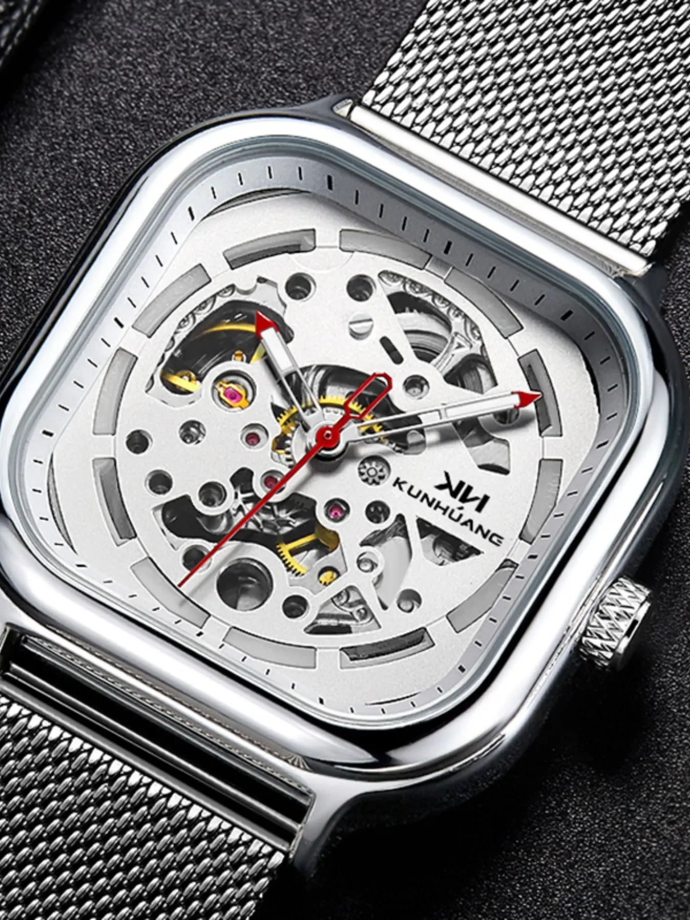Kunhuang Men's Mechanical Watch, Vintage Square Dial, Full Openwork Movement, Silver Dial, Mesh Strap, Daily Wear, Unique Style