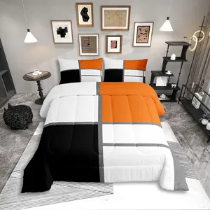 Geometric Abstract Bedding Set,for Adult Women Men Blue and White Striped Comforter Set,Square Grid Quilt Duvet Set,Modern Art Patchwork Bedding Collections for Minimalist