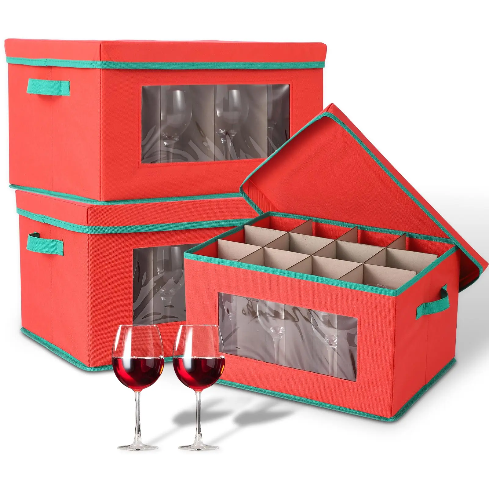 Garvee 3 Pack Wine Glass Storage Boxes with Dividers, 12-Compartment Stemware Organizers Featuring Lid, Handle & Clear Window for Safe Glassware and Drinkware Storage in Red