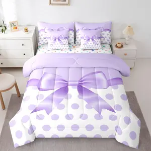 Purple Bowknot 7 Piece Bedding Set Cute Polka Dot Comforter Set with Sheets for Kids Boys Girls Princess Style Bed in a Bag Purple White Bed Set Soft Lightweight