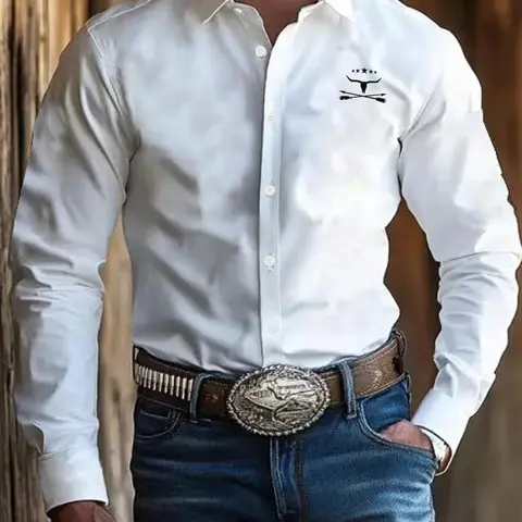 Men's Regular Fit Star Print Graphic Long Sleeve Button Up Shirt, Casual Retro Graphic Top for Spring & Fall, Fashion Casual Collared Men's Clothes for Daily Wear, Cowboy Print Shirt, Casual Western Style, Casual Stylish Clothing, Casual Button Shirts