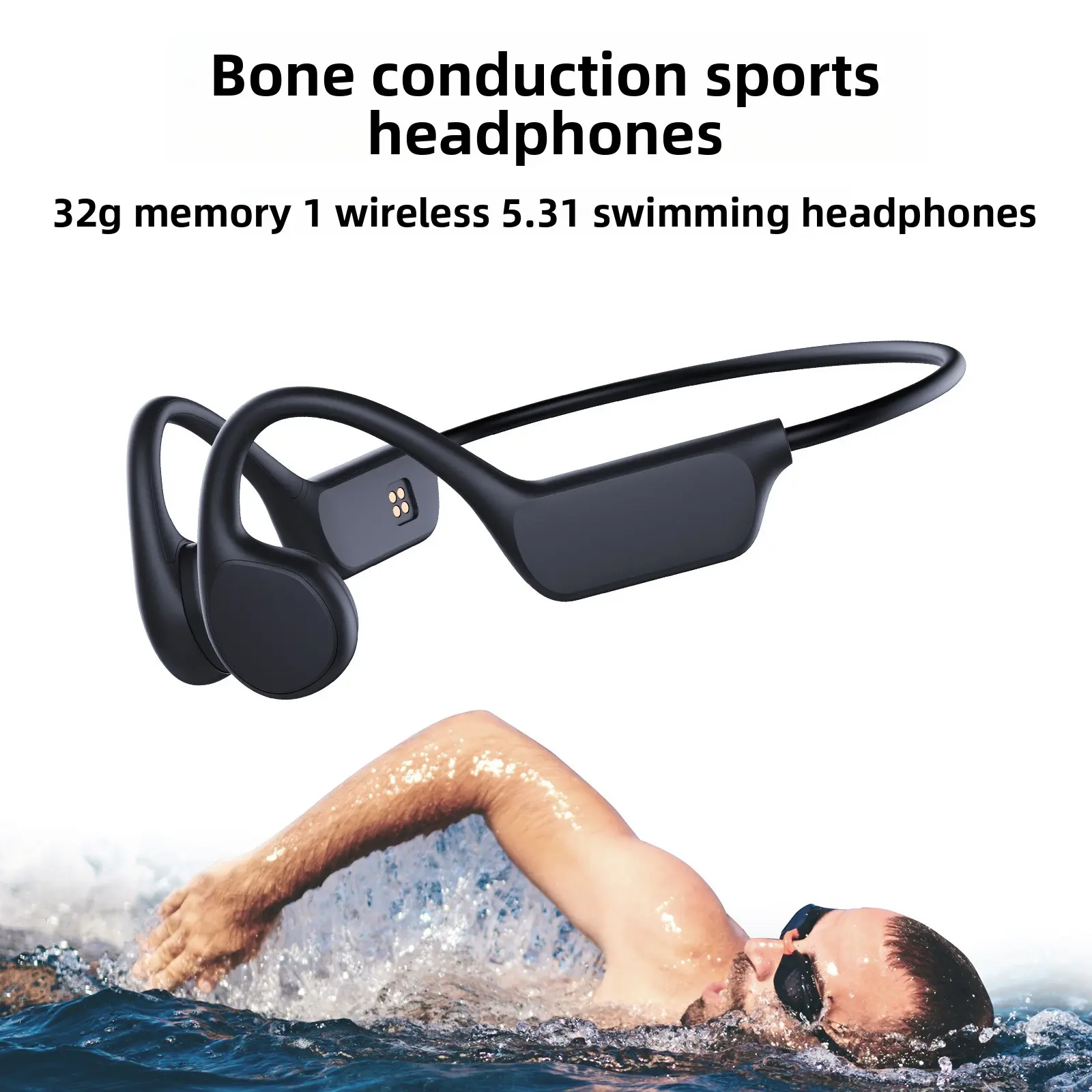 Silicone Bone Conduction Wireless Bluetooth Audio Sports Headphones, 32GB Memory, Swimming-Ready, Music Playback, Long Battery Life, X7s Black 32G