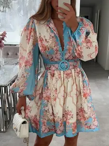 Women's Floral Print Woven Breathable Belted Dress, Elegant Bohemian Lantern Long Sleeve Dress for Spring & Fall, Women's Clothing for Daily Wear
