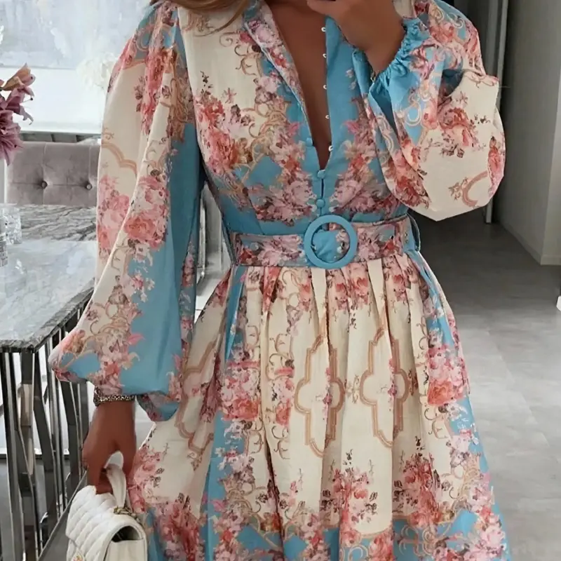 Women's Floral Print Woven Breathable Belted Dress, Elegant Boho Style Bohemian Lantern Long Sleeve Dress for Spring & Fall, Women's Clothing for Daily Casual Wear, Lady Womenswear, Casual Boho Chic, Boho Dresses