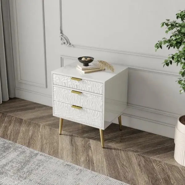 Modern Luxury White & Gold 3 Drawers Bedroom Nightstand