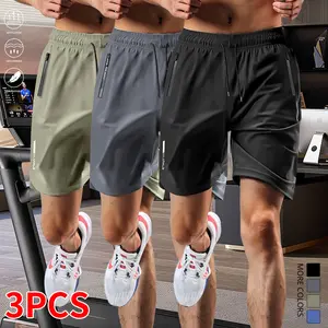 Set of 3 men’s ice silk athletic shorts made from moisture-wicking fabric, featuring an adjustable drawstring waistband design. Suitable for running, gym workouts, casual wear, and outdoor activities; men’s shorts, summer apparel.