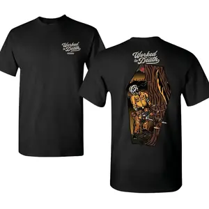 Worked To Death Workman T-Shirt – Logger Arborist Forestry Tradesman Graphic Tee Featuring Skeleton Cutting Tree With Chainsaw Inside Coffin Design, Blue Collar Humor Novelty Gift for Lumberjacks, Menswear Medium Men's